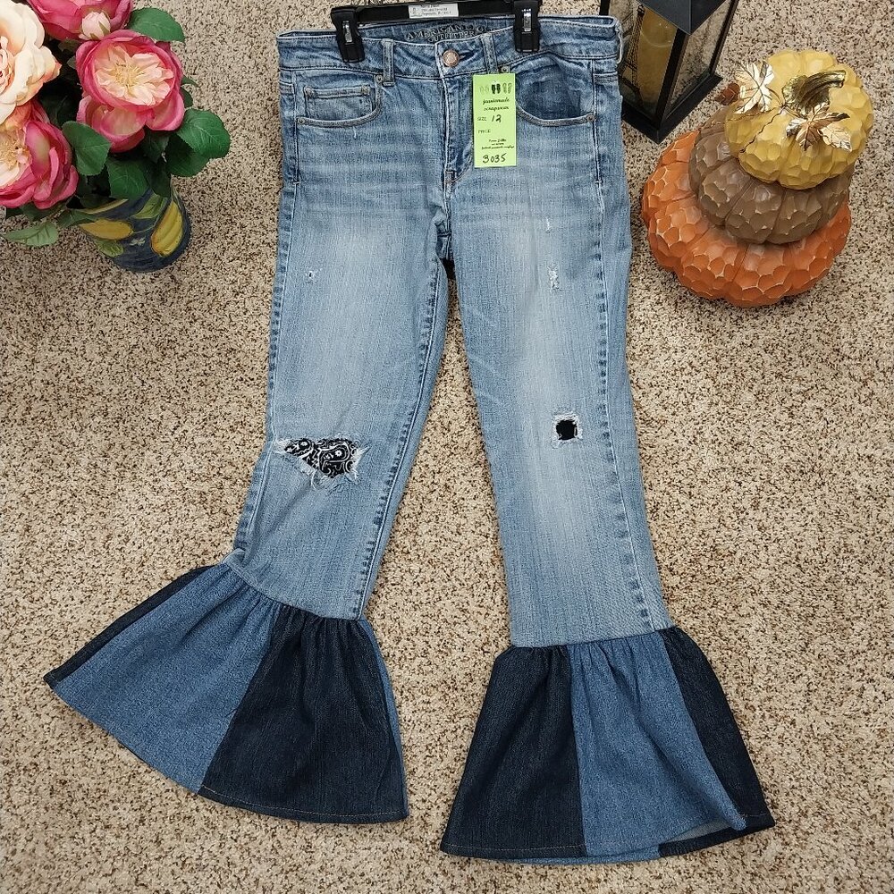 3035 Size 12 American Eagle Upcycled Ruffle Leg Jeans